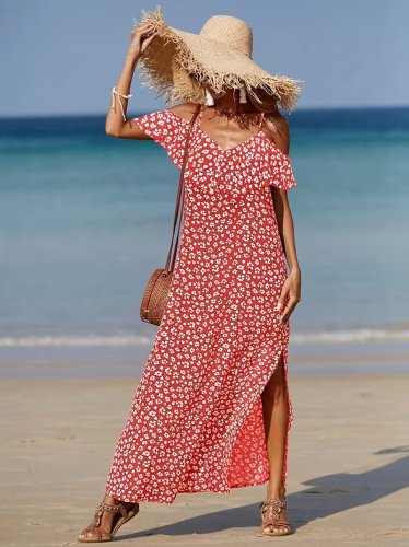 Kadın Omuzlardan Açık Askılı Yırtmaçlı Desenli Uzun Süprem Elbise , 32351