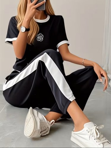 Kadın Kısa Kollu Bisiklet Yaka Viskon Iki Iplik Bluz Ve Pantolon Ikili Takım , 33286