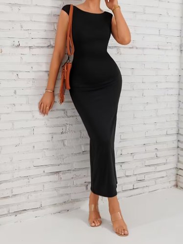 Kadın Kısa Kollu Derin Sırt Dekolteli Uzun Dalgıç Elbise , 32364