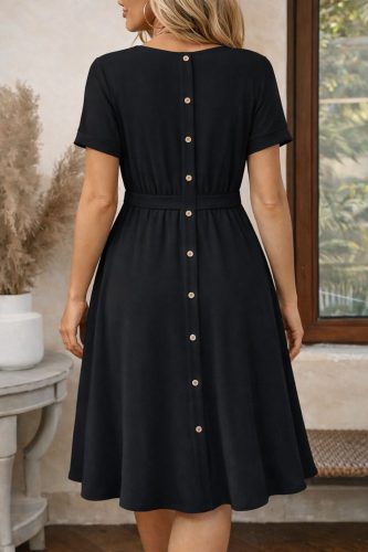 Kadın Kısa Kollu Yuvarlak Yaka Arkadan Düğmeli Viskon Midi Elbise, 32572
