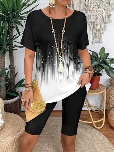 Kadın Kısa Kollu Bisiklet Yaka Desenli Dalgıç Bluz Ve Tayt Ikili Takım , 32432