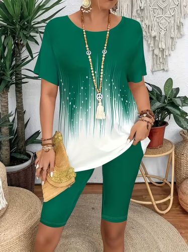 Kadın Kısa Kollu Bisiklet Yaka Desenli Dalgıç Bluz Ve Tayt Ikili Takım , 32435