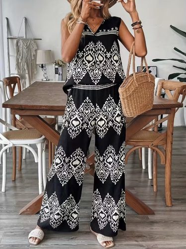 Kadın Askılı V Yakalı Desenli Bluz Ve Pantolon Süprem Ikili Takım , 32464