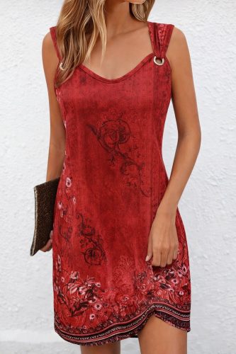 Kadın Askılı V Yakalı Kuş Gözü Detaylı Desenli Kısa Süprem Elbise, 32542