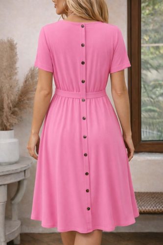 Kadın Kısa Kollu Yuvarlak Yaka Arkadan Düğmeli Viskon Midi Elbise, 32573