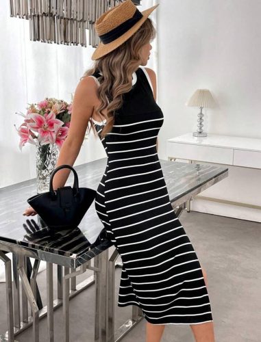 Kadın Askılı Yuvarlak Yaka şerit Detaylı Yırtmaçlı Midi Triko Elbise , 32579