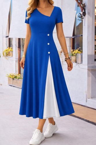 Kadın Kısa Kollu Asimetrik Yakalı Düğme Detaylı Midi Viskon Elbise , 33236