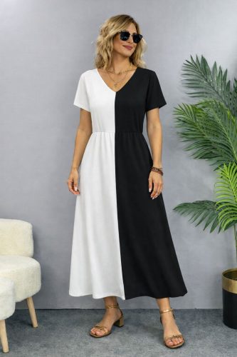 Kadın Kısa Kollu V Yakalı çift Renkli Viskon Midi Elbise , 32605