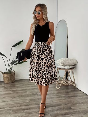 Kadın Askılı Yuvarlak Yakalı Viskon Bluz Ve Leopar Desenli önü Düğmeli Midi Etek Ikili Takım , 32612