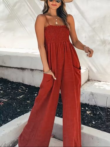 Kadın Ip Askılı Göğsü Lastik Detaylı Cepli Uzun Tulum, 32655