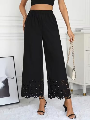 Kadın Yüksel Bel Beli Lastıklı çiçek Desenli Lazer Kesım Detaylı Ithal Krep Pantolon, 32704