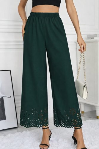 Kadın Yüksel Bel Beli Lastıklı çiçek Desenli Lazer Kesım Detaylı Ithal Krep Pantolon, 32706