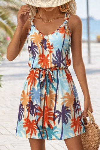 Kadını Askılı V Yakalı Duğme Detaylı Desenli Kısa Süprem Elbise, 32773