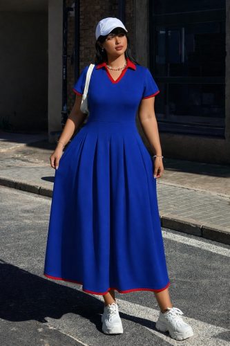 Kadın Kısa Kollu V Yakalı Pileli Uzun Janjan Krep Elbise , 32783