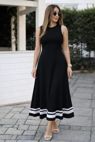 Kadın Askılı Yuvarlak Yakalı Etek Ucu şerit Detaylı Uzun Viskon Elbise, 32803