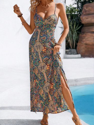 Kadın Ip Askılı Arkadan çapraz Kesim Detaylı Uzun Desenli Süprem Elbise, 32843