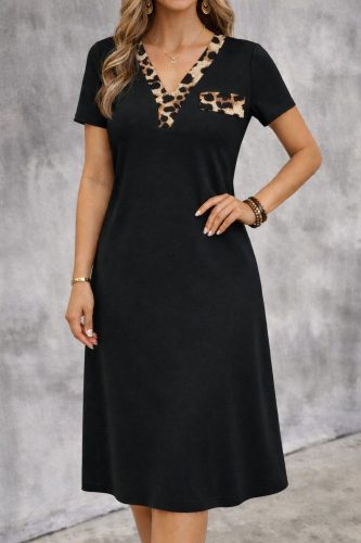 Kadın Kısa Kollu V Yakalı Süs Cep Detaylı Midi Viskon Elbise, 32847