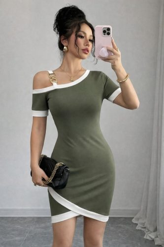 Kadın Kısa Kollu Asimetrik Kesim Yaka şerit Ve Aksesuar Detaylı Modal Elbise , 32926