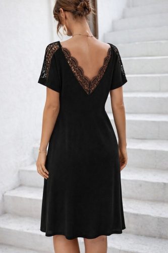 Kadın Kısa Kollu Dantel V Yakalı Midi Viskon Elbise, 32977