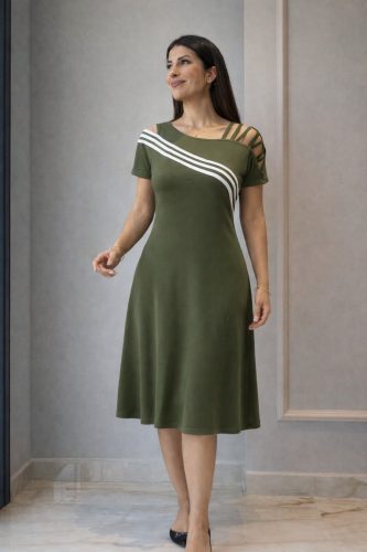 Kadın Kısa Kollu Omuzlardan Açık şerit Detaylı Midi Viskon Elbise, 32993