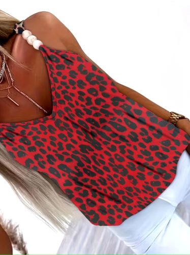 Kadın Askılı V Yakalı Boncuk Detaylı Leopar Desenli Süprem Bluz, 33022