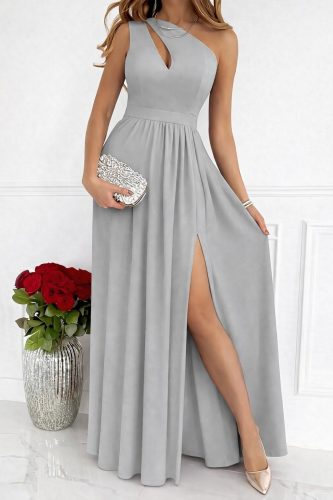 Kadın Omuzlardan Açık Asimetrik Yaka Detaylı Yırtmaçlı Maksi Boy Janjan Krep Elbise, 33027