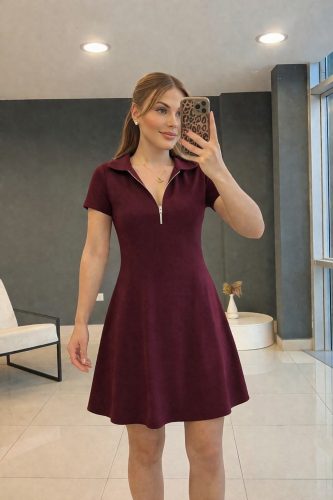 Kadın Kısa Kollu Yakası Fermuarlı Kısa Viskon Iki Iplik Elbise , 33039
