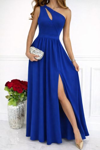 Kadın Omuzlardan Açık Asimetrik Yaka Detaylı Yırtmaçlı Maksi Boy Janjan Krep Elbise, 33099