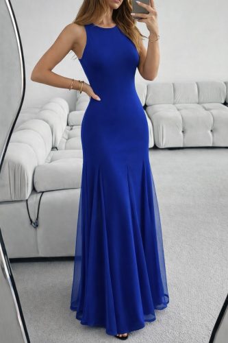 Kadın Askılı Bisiklet Yaka Etek Ucu Tül Detaylı Asimetrik Kiloş Uzun Ithal Krep Elbise , 33176