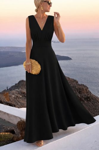 Kadın Askılı V Yakalı Bel Korsaj Detaylı Uzun Ithal Krep Elbise , 33189