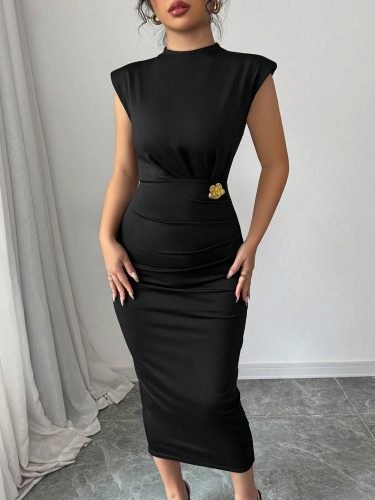 Kadın Yarı Balıkçı Yaka Kısa Kollu çicek Aksesuar Detaylı Midi Dalgıç Elbise, 33225