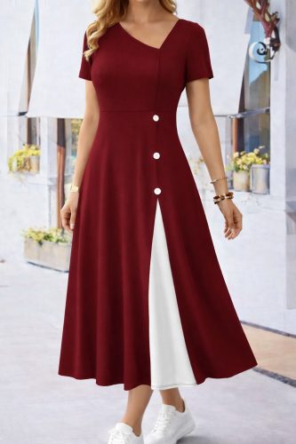 Kadın Kısa Kollu Asimetrik Yakalı Düğme Detaylı Midi Viskon Elbise , 33238