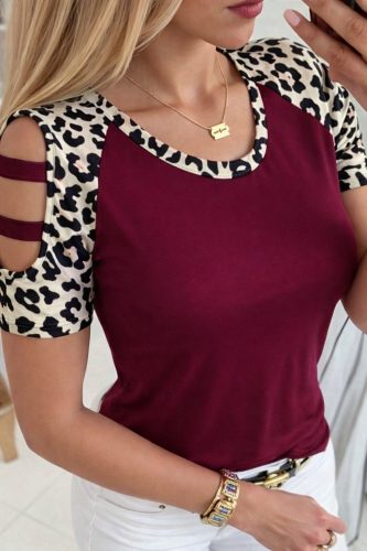Kadın Kısa Kollu Yuvarlak Yaka Kollarda şerit Detaylı Leoparlı Viskon Bluz , 33250