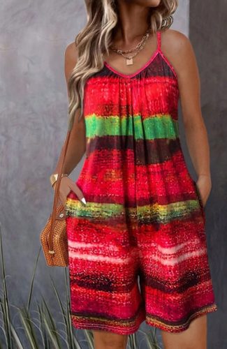 Kadın Ip Askılı Yuvarlak Yakalı Cepli Desenli Kısa Süprem Tulum, 33336