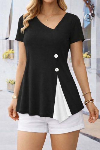 Kadın Kısa Kollu Asimetrik V Yakalı Düğme Detaylı Viskon Bluz , 33343