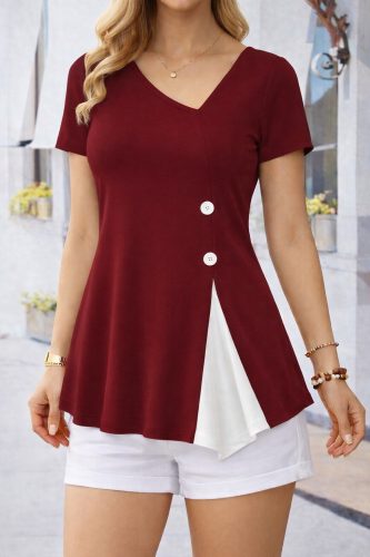 Kadın Kısa Kollu Asimetrik V Yakalı Düğme Detaylı Viskon Bluz , 33345