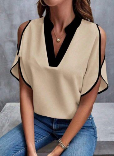 Kadın Kısa Kollu V Yakalı Ithal Krep Bluz , 33363