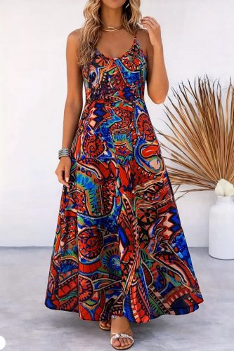 Kadın Askılı V Yakalı Desenli Uzun Süprem Elbise, 33385