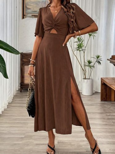 Kadın Kısa Kollu V Yakalı Beli Lastikli Yırtmaçlı Uzun Leopar Desenli Süprem Elbise , 33396