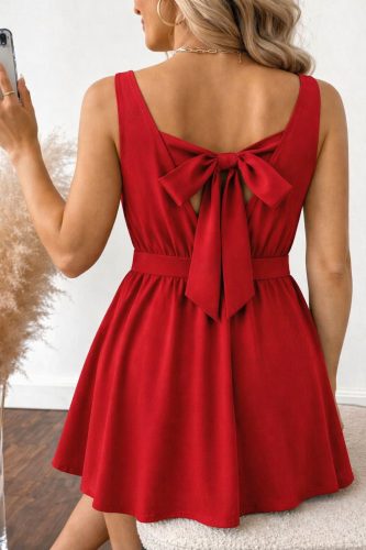 Kadın Askılı Kruvaze Yakalı Arkası Fiyonk Detaylı Kısa Janjan Krep Elbise, 33401