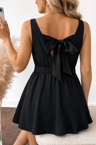 Kadın Askılı Kruvaze Yakalı Arkası Fiyonk Detaylı Kısa Janjan Krep Elbise, 33402