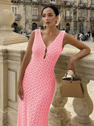 Kadın Askılı V Yakalı Uzun Triko Elbise, 33414