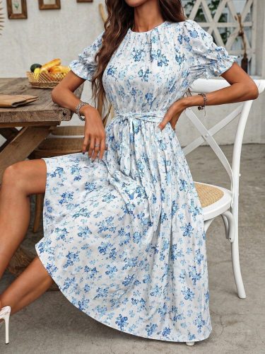 Kadın Kısa Kollu Yakalı Belden Kuşaklı Leopar Desenli Midi Süprem Elbise , 33458