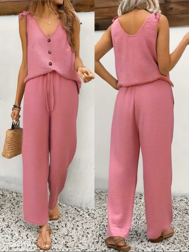 Kadın Askılı V Yakalı Onu Düğmeli Omuzu Fiyonklu Aerobin Bluz Ve Pantolon Ikili Takım, 33470