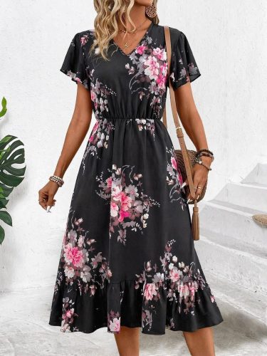 Kadın Kısa Kollu V Yakalı Desenli Midi Süprem Elbise, 33474