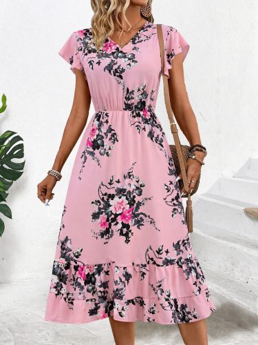 Kadın Kısa Kollu V Yakalı Desenli Midi Süprem Elbise, 33475