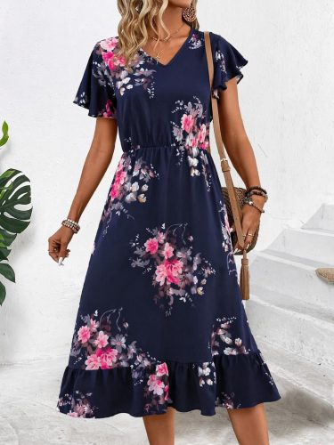 Kadın Kısa Kollu V Yakalı Desenli Midi Süprem Elbise, 33476