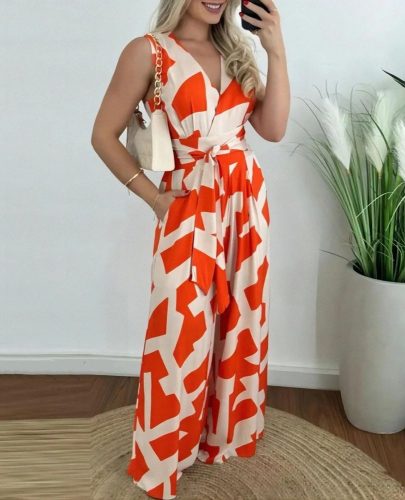 Kadın Askılı Kruvaze Yakalı Belden Kuşaklı Uzun Desenli Süprem Tulum, 33517