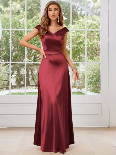 Kadın Kısa Kollu Kruvaze Yakalı Uzun Saten Elbise, 33533