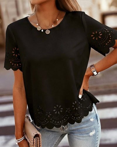 Kadın Kısa Kollu Bisiklet Yakalı Kolları Lazer Cicek Baskılı Ithal Krep Bluz, 33550